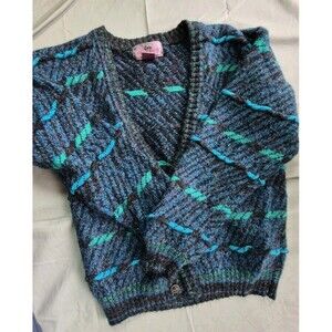 Vtg 80s Concrete 3d Knit Youth Cardigan Size M(12-14) Blue Rib Knit Button Front